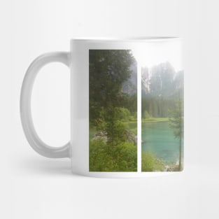 A static shot from the shore of Fusine lake in the Julian Alps with snowy mountains in background. Beautiful nature in a spring cloudy day; no people around Mug